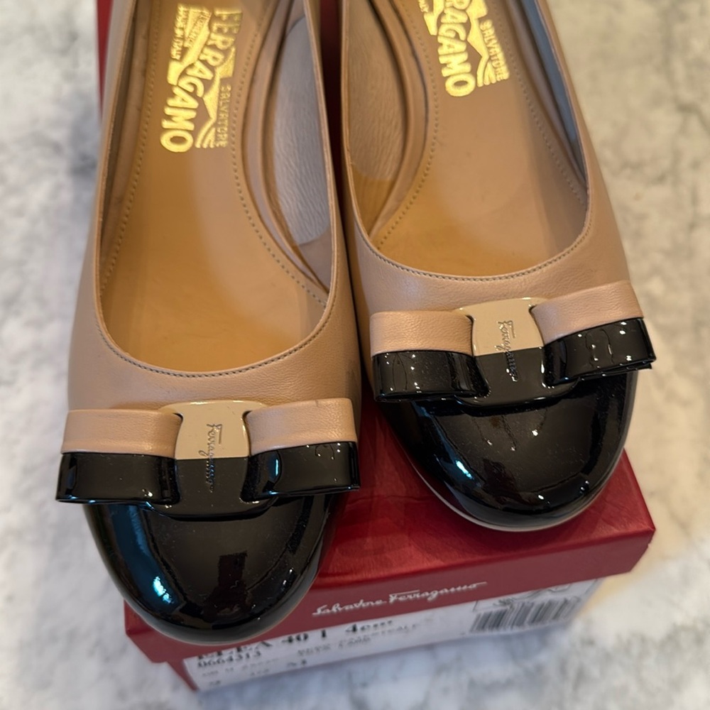 Ferragamo Tan and Black Pumps